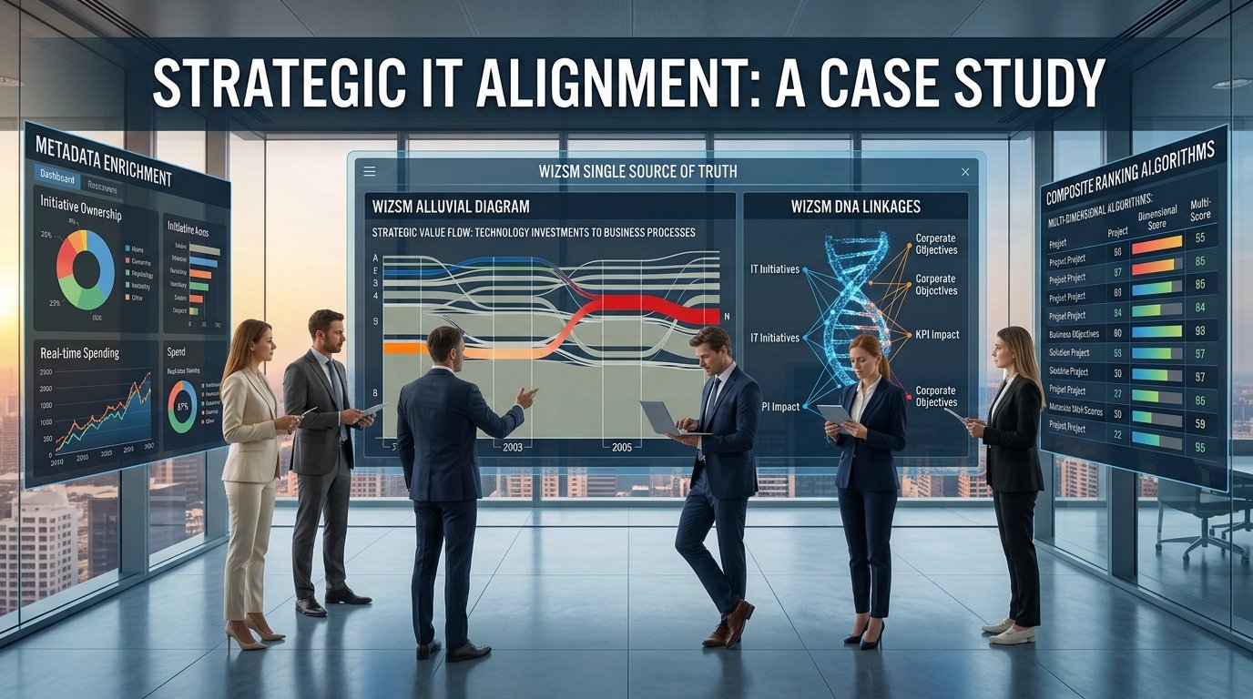 Strategic IT Alignment: Wizsm alluvial diagram, DNA linkages and composite ranking dashboards
